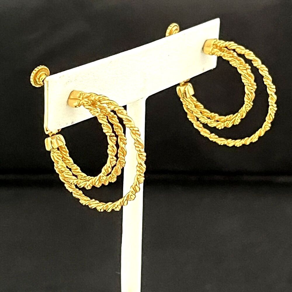Vintage 1980s Napier Clip On Earrings Triple Hoop Textured Gold Tone - 11V